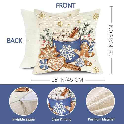 Fjfz Hello Winter Dark Blue Decorative Throw Pillow Covers 18 x 18 Set of 4, Christmas Get Cozy Hot Cocoa Gingerbread Man Porch Outdoor Home Decor, Snowflakes Snowman Seasonal Couch Cushion Case by Fjfz - Image 2