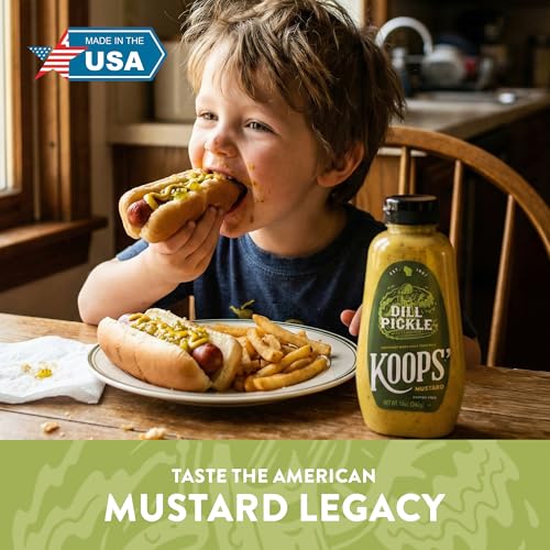 Image of Koops' Dill Pickle Mustard - Dill Mustard Spread, Flavored Condiment and Dip for Dressing, Sandwich, Burger, Pretzel, & More, Made in the USA - 12 oz Bottle (Pack of 4)
