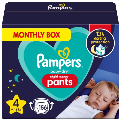 Pampers - Baby Dry Night Nappy Pants Talla 4, 156 pañales, 9 kg-15 kg, Pantalones De Noche Pampers Ofrecen Protección Adicional Durante Toda La Noche
