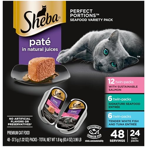 Sheba Perfect Portions Wet Cat Food Pate with Sustainable Salmon, Signature Seafood Entree, and Tender White Fish and Tuna Entree Variety Pack, 2.6 oz. Twin Pack Trays (24 Count, 48 Servings)
