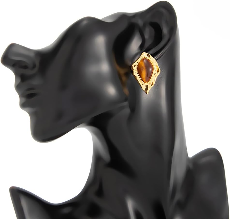 Brown Gold Statement Earrings for Women Chunky Large Fake Faux Gem Stone and Big Irregular Gold Hammered Disc Stud Earrings Vintage Bold Costume Jewelry - Image 6