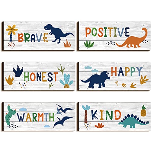 Image of Geyoga 6 Pcs Dinosaur Room Decor for Boys Dinosaur Wall Decor Bedroom Wall Art Motivational Wood Hanging Prints Plaques for Kids Nursery Playroom Decorations(10 x 4 x 0.2 In)