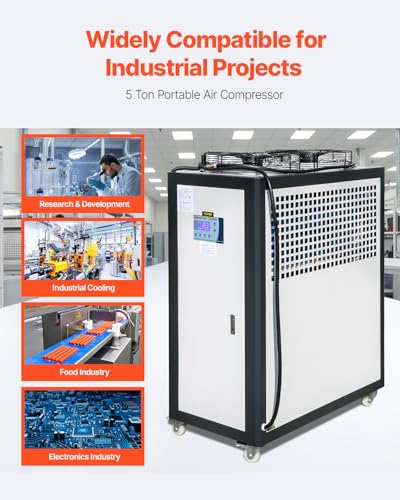 Image of VEVOR Air Cooled Water Chiller, 5 Ton Portable, 5HP /3.75KW Compressor Motor, 53L Capacity Stainless Steel Water Tank, Finned Condenser with Micro-Computer Control, Industrial Chiller for Cooling Water