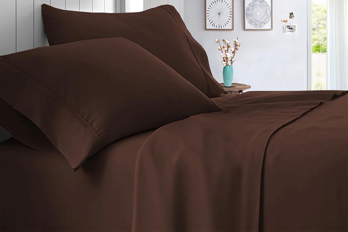 True Luxury 1000-Thread-Count 100% Egyptian Cotton Bed Sheets, 4-Pc Queen Dark Brown Sheet Set, Single Ply Long-Staple Yarns, Sateen Weave, Fits Mattress Upto 18'' Deep Pocket - Image 2
