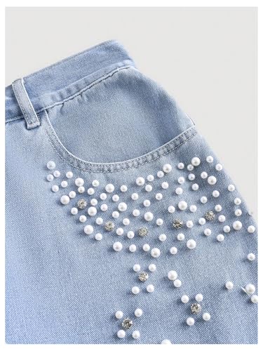 Verdusa Women's Plus Size Faux Pearl Rhinestone Jeans Wide Leg Denim Pants with Pockets3