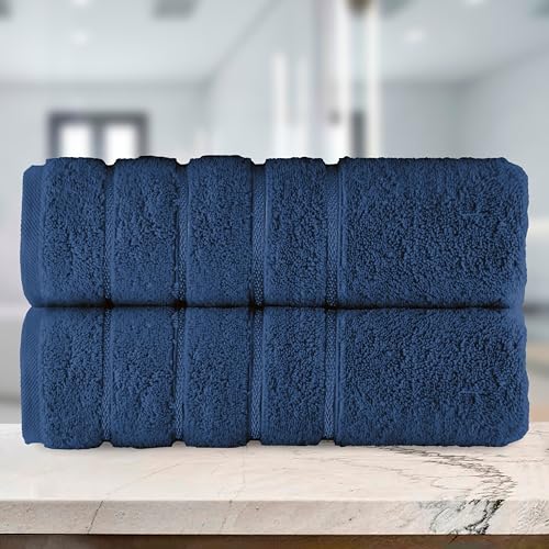 Image of Elegant Comfort 100% Turkish Cotton 4 Lines Viscose Stripe Luxury 2 Pack Bath Towel Set 27 x 54 Inch - Super Soft and Highly Absorbent Premium Hotel Spa Quality Towels for Bathroom Use, Navy Blue