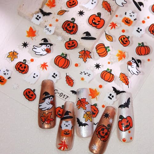 1Sheets 3D Halloween Nail Art Stickers Cute Ghost Nail Decals Maple Leaves Pumpkin Design Fall Nail Stickers Self Adhesive Halloween Nail Supplies for Women DIY Holiday Acrylic Manicure