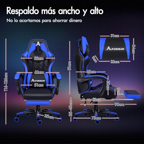 ALFORDSON Silla Gaming con Masaje, reposapiés y Soporte Lumbar, reclinable 150°, Respaldo Alto para Gaming y Oficina, Capacidad de 180 kg, Cuero sintético, Azul - imagen 2
