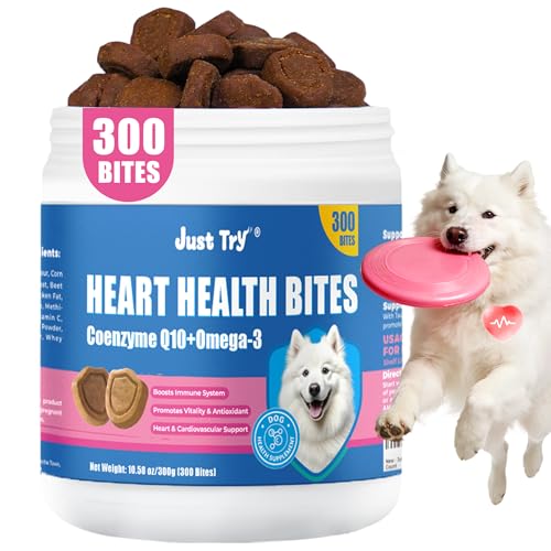 Just Try Coenzyme Q10 Heart Heathy Bites for Dogs - Advanced q10 & Taurine Supplement for Heart Health - Chicken Flavored Chews - Supports Heart Function-10.58oz