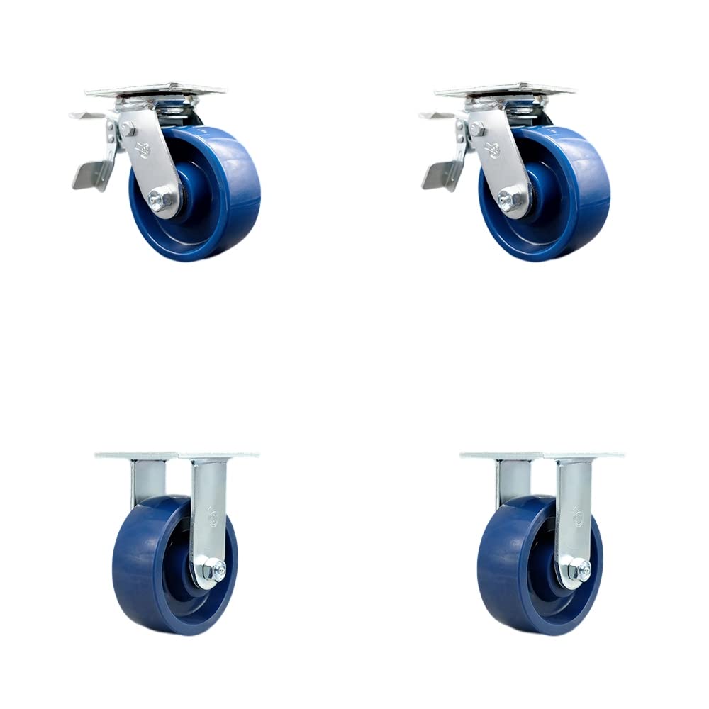 Heavy Duty Swivel Caster Set of 4 with 5 Inch Solid Polyurethane Wheels and Ball Bearings - Includes 2 Swivel with Total Lock Brakes and 2 Rigid – 4,000 lbs. Total Capacity - Service Caster Brand