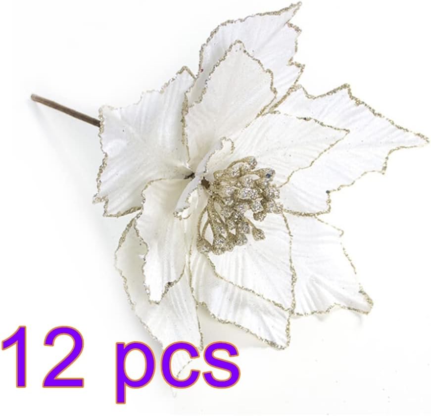 BestAlice 12 Pcs Christmas Poinsettia Flowers Artificial, 28 X 24cm Artificial Flowers Glitter Poinsettia Christmas Wreath Christmas Tree Ornaments with Stems for Xmas Wedding Party Decor, White