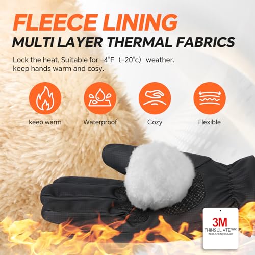 Winter Gloves Waterproof Windproof for Mens Women, Thermal Warm for Cold Weather, Grip Snow for Touch Screen Skiing Cycling Running Driving Snowboarding Fishing Outdoor