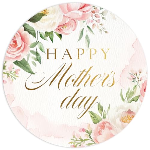 Mobiusea Creation Pink Floral Mothers Day Stickers | 60-Pack 2 inch Large Size | Gold Foil | Happy Mother's Day Stickers | Pink Floral Rose Happy Mothers Day Labels for Mother Day Decorations