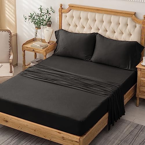 PURE ERA Jersey Knit 4pc Bed Sheet Set 100% T-Shirt Cotton Super Soft Comfy Breathable Fits Mattress Up to 20" Extra Deep Pocket (Solid Black, King)