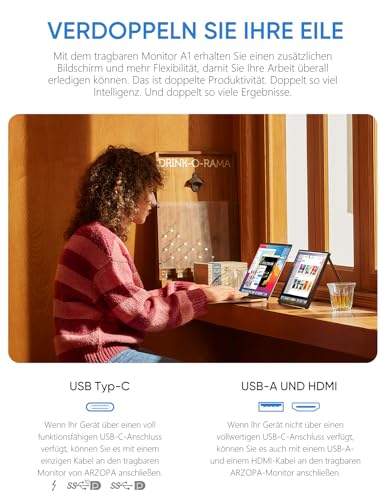 ARZOPA ARZOPA Tragbarer Monitor, 15,6" 1920×1080 FHD IPS Portabler Monitor für Laptop mit Einer Stütze, Ultra-Dünner Zweitbildschirm für Laptop/PC/Mac/PS3/4/5/Xbox - USB C & HDMI Anschluss - A1 - Detailansicht 2 | Tages Deals