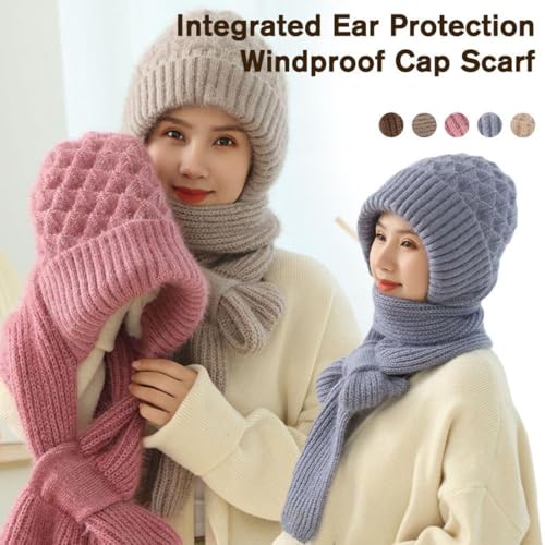 Winter Versatile Knitted Hooded Scarf for Women, Hat Scarf All-in-one Warm Windproof Fleece Cycling Protection Ear Cap2