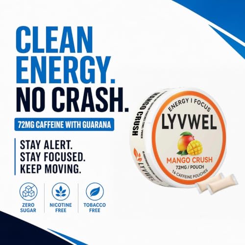 Image of LyvWel 72mg Caffeine Energy Pouches - Cherry Blast, Blueberry Ice, Mango Crush - Clean Energy with Guarana for Focus & Stamina - 3-Pack (48 Total Pouches)