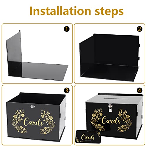 Image of Black Acrylic Wedding Card Box Card Boxes with Lock and Card Sign, Gift Card Box Money Box Holder for Wedding Reception Anniversary Birthday Party Baby Shower Graduation (12.2 x 9.3 x 8.3 Inch)