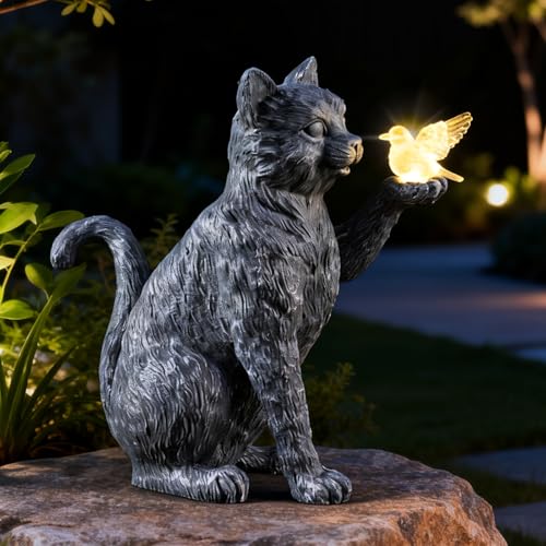 Autumnswan Solar Cat Garden Outdoor Statues, Cat Sculpture with Glowing Bird Light, Lawn Decoration, 10 Inches Tall, for Patio, Balcony, Garden, Yard, Birthday Gift for Mom, Grandma and Women - image 9