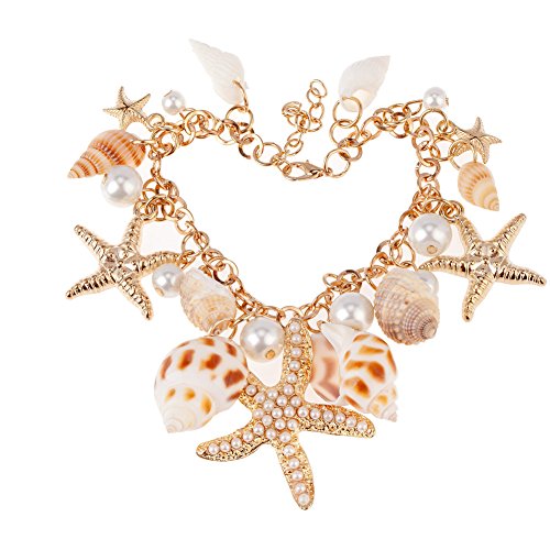 Outstanding Bracelet/Bangle With Golden Chain And Ocean/Sea Starfishes, Shells/Conches And Pearls Pendants/Charms By VAGA