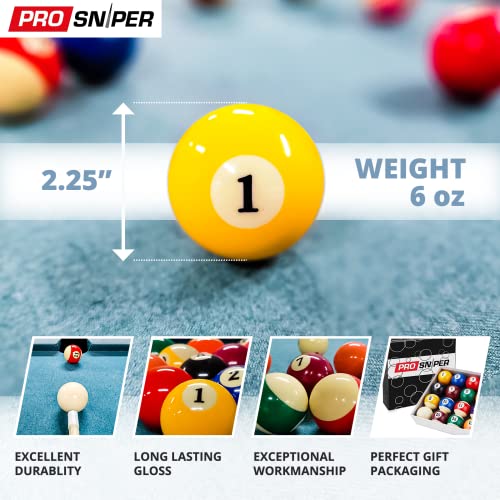 Prosniper Billiard Balls - 16 Standard Pool Ball Set Including 4X Cue Tips And 4X Blue Chalk I 6 Oz & 2.25 Inches I Pool Table Accessories For Beginners & Professionals I Made Of Pure Resin #TOP2