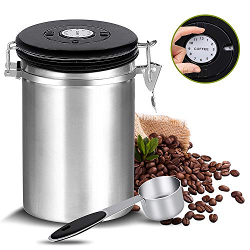 Kaffeedose Luftdicht,Kaffeebehälter,Kaffeedose Edelstahl Aromadose Vorratsdose,kaffeebohnenbehälter vakuum kaffeedose mit löffel,für Kaffeebohnen oder Kaffeepulver,Tee,Nüsse,Kakao 1.5Liter,Silber