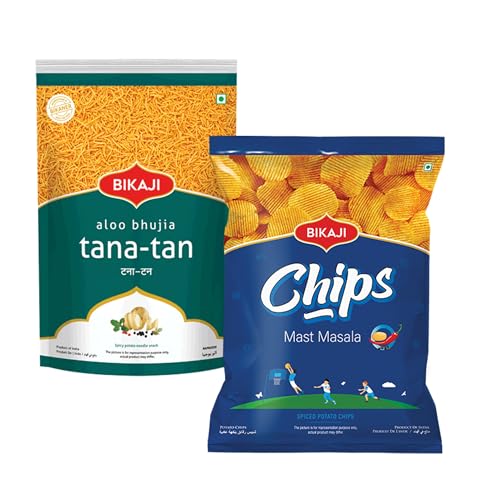 Bikaji Aloo Bhujia & Potato Chips Mast Masala Combo – 280g | Ready to Eat Indian Namkeen | Crunchy Tea-Time Snack, Bar Snack & Party Mix | Spicy Indian Munchies for Sharing & Everyday Snacking