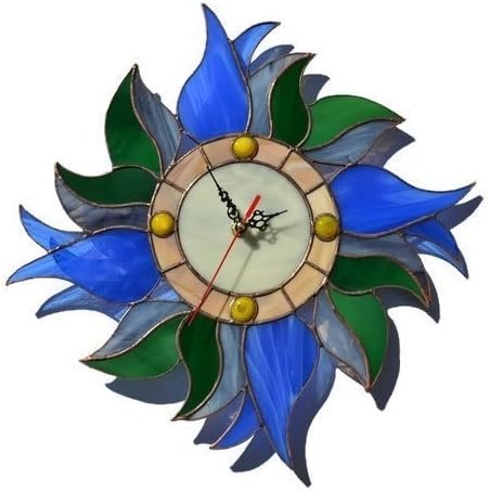 Boho Blue Tulip Wall Clock 12 Inch for Living Room Bedroom Kitchen, Unique Handmade Botanical Stained Glass Home Decor with Flowers and Leaves, Decorative Wreath Themed Tiffany Style Floral Art