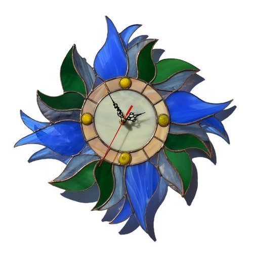 Boho Blue Tulip Wall Clock 12 Inch For Living Room Bedroom Kitchen, Unique Handmade Botanical Stained Glass Home Decor With Flowers And Leaves, Decorative Wreath Themed Tiffany Style Floral Art #TOP20