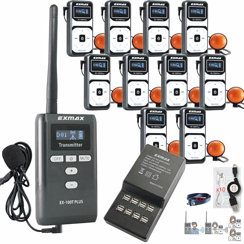 EXMAX EX-100 Plus 72MHz Wireless Tour Guide System Earhook Headset Mic for Exhibit Church Simultaneous Interpreting Teaching Conference Seminars Hajj(1 Transmitter 10 Receivers with 16socket Charger)