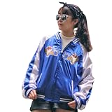 JYHBHMZG Frühlings-/Herbst-Satin-Baseballjacke für Frauen. Doppelseitige Sukajan-Stickerei. Streetwear-Bombermantel. Black Blue 2 side XS