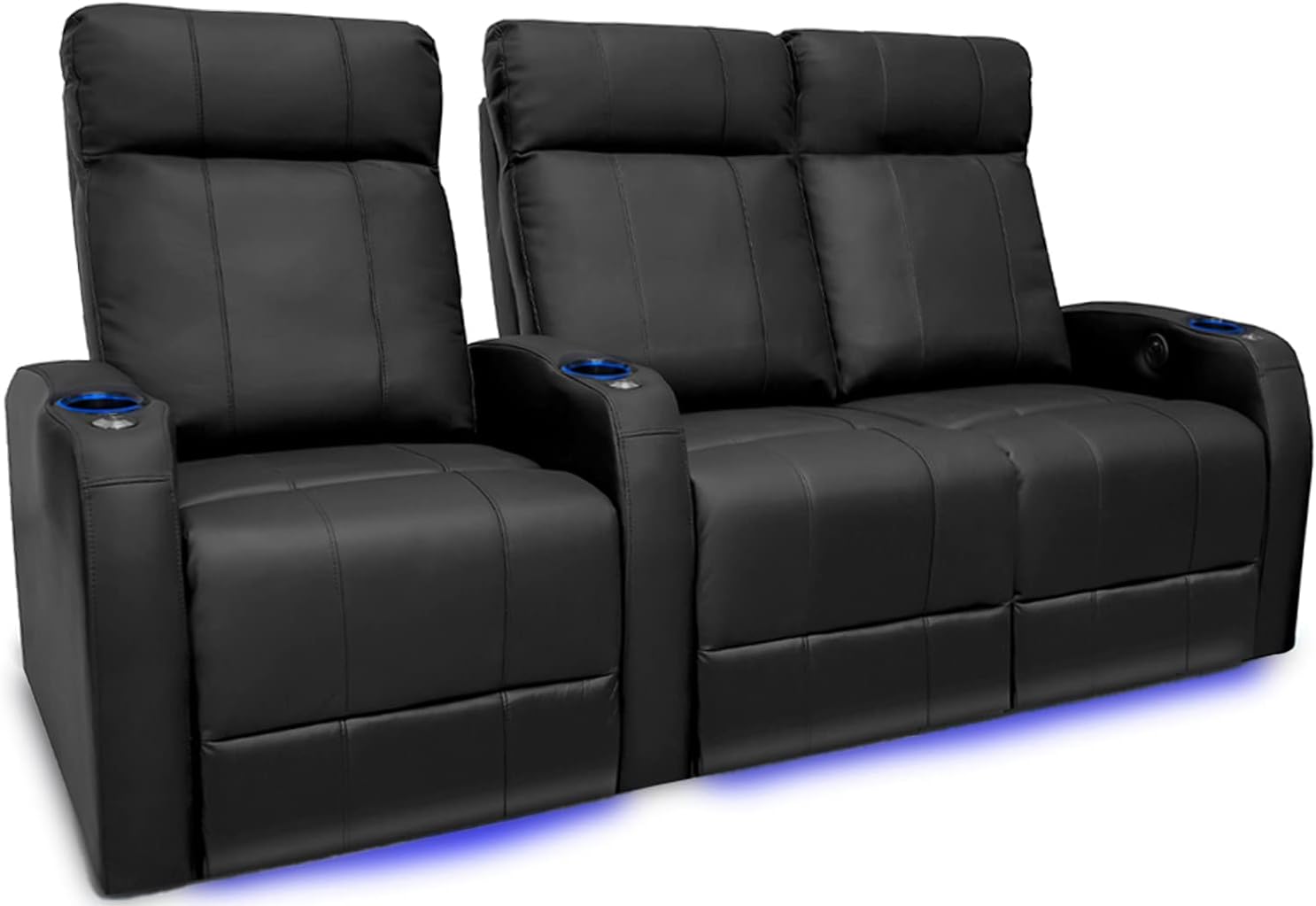 Valencia Syracuse Home Theater Seating | Premium Top Grain Nappa 9000 Leather, Power Recliner, LED Lighting (Row of 4 Loveseat Center, Black)