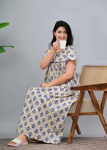 Image of DIAMO Pure Cotton Designer Nighty for Women | Night Gown | Nightdress | Maxi Nighty | Sleepwear | Jaipuri Nighty | Nighties | Cotton Night Gown for Women /Girls with Jaipuri Block Print