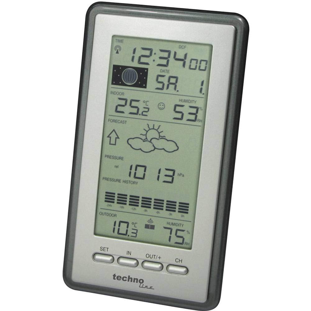 Technoline WS 9040-IT klassische Wetterstation mit Temperaturanzeige, Vorhersage von Wettersituation, Anzeige von Wettertendenz, inklusive mit Außensender TX106-TH, silber, 21,6 x 11,4 x 7,8 cm
