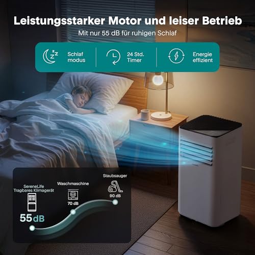 SereneLife Weiß Mobiles Klimagerät 9000 BTU 2, 0kW für 28 m²- Air Conditioner mit Abluftschlauch, 3- in- 1 mit Entfeuchter und Ventilator, Leise 54 dB, inkl. Fensterkit und Fernbedienung-7