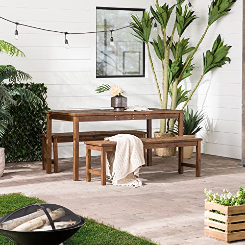 Walker Edison 6 Person Outdoor Wood Chevron Patio Furniture Dining Set Table Bench All Weather Backyard Conversation Garden Poolside Balcony, 3 Piece, Dark Brown
