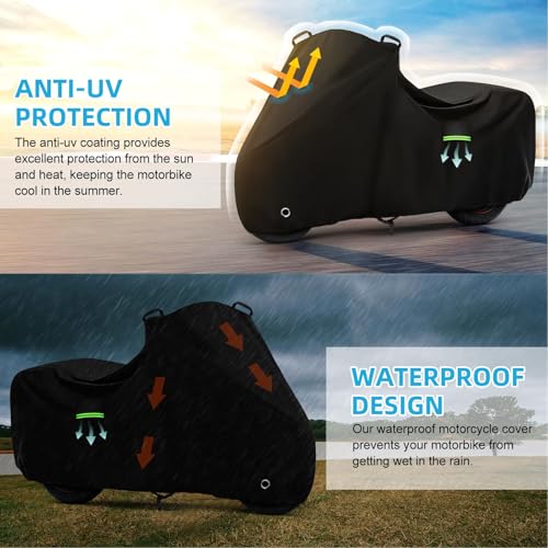 Image of Motorcycle Cover Waterproof for Kawasaki Vulcan S 650 /900 /1500, Heavy Duty Outdoor Sun UV Rain Dust All Weather Protection Motorbike Cover with Soft Cotton Lining & Lock Hole-Black