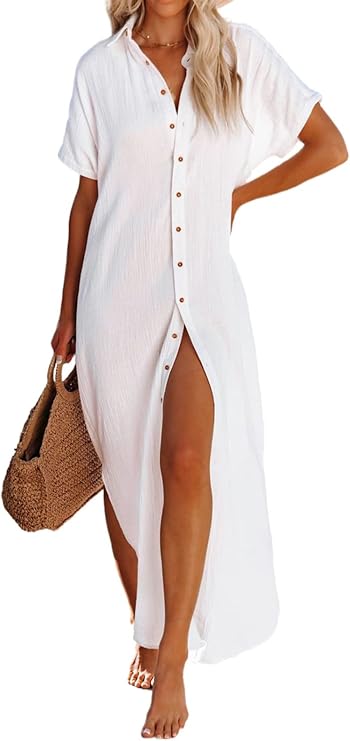 Effortless Summer Style: Dokotoo Womens Casual Short Sleeve Side Split Button Down Long Kimonos Cardigans Swimsuit Cover Ups