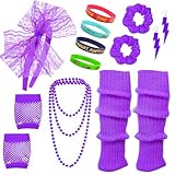 80s 90s Costumes Accessories for Women Men 1980s Neon Headband Earrings Fishnet Gloves Necklace Silicone Bracelet Scrunchies Leg Warmers Party Outfit Set (Purple)
