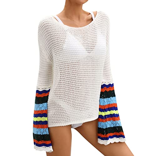 Bikini Militar Traje de baño Sexy para Mujer, Ropa de Punto de Manga Larga ahuecada, Bikini de Playa a la Moda, Traje de baño, Blusa, Blusa de Playa Hacer Bikinis (White, S)