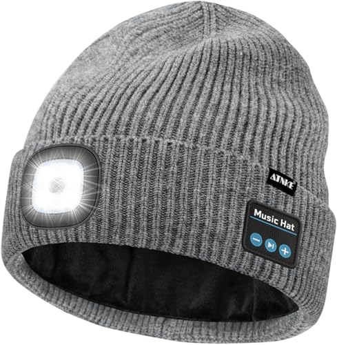 ATNKE LED Bluetooth Mütze mit Licht USB Wiederaufladbare 4 LED Kabelloses Musik Redner Laufmütze Stirnlampe Winter Warm Strick Mütze mit Fleece Gefüttert Geschenke für Herren und Damen/Gray