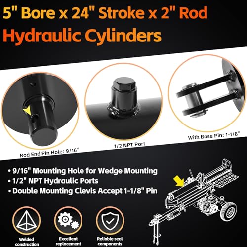 Image of 5 inchx24 inch Hydraulic Cylinders Log Splitter Cylinder, Universal Hydraulic Cylinder 5 inch Bore x 24 inch Stroke x 2 inch Rod, Heavy Duty Double Acting Cylinder (5x24)
