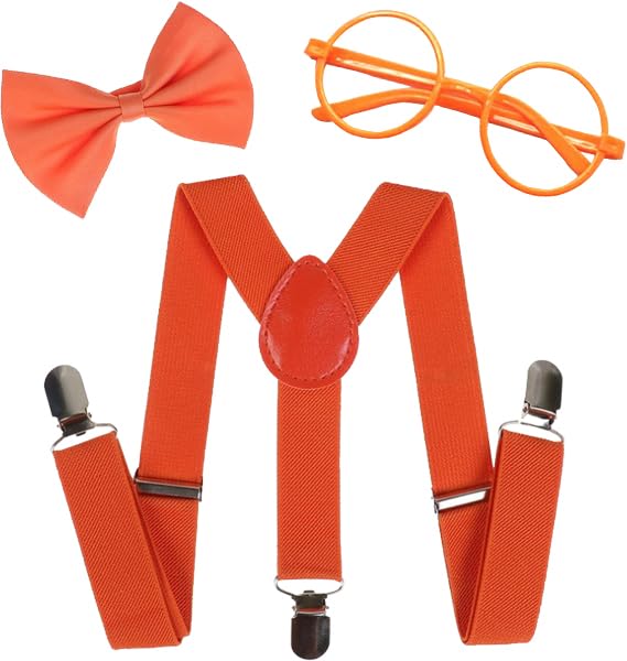 Child Kids Suspenders Bowtie Set with Orange Glasses - Adjustable Suspender Set for Boys and Girls