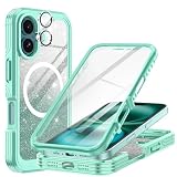 Picture of Hekodonk for iPhone 16 Plus Case, Compatible with Magsafe [Built-in Tempered Glass Screen Protector & Camera Lens Protection] Full Body Shockproof Protective Women Girl Bling Case,Green