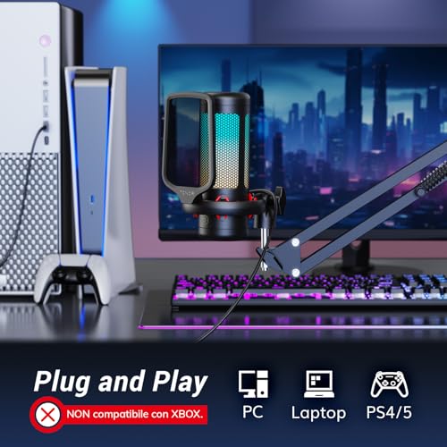 Gaming Microfono, USB Mic con Supporto per Braccio, Micro a Condensatore Cardioide con RGB e Luminosità Regolabili, Mute Rapido, Controllo del Guadagno, per Streaming, Gaming TC310+ - Microfono streaming - Immagine 7