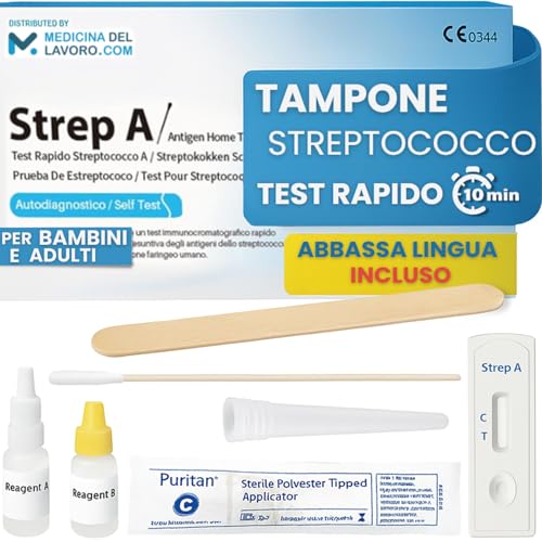 Medicinadellavoro.com - Tampone Streptococco Rapido Bambini Adulti, Test Streptococco Faringeo per Rilevazione Streptococco Gruppo A Utile in Caso di Febbre e Mal di Gola Esito Accurato 10 Min, 1 Test