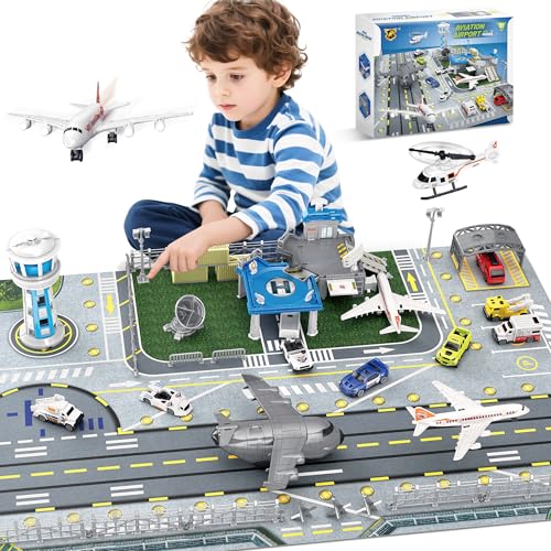 XDUOYJOY Airplane Toy Set with Trucks, Helicopter, Planes and Playmat, Airport Aviation Toys for Boys Girls, Great Gift for Birthday Christmas