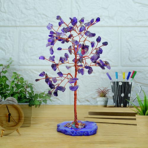 Image of REMEDYWALA Charged Amethyst Crystal Tree with Agate Slice Base for Reiki Healing (100 Beads)