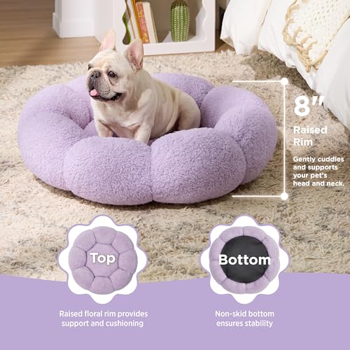 lesure calming medium dog bed - flower donut round fluffy puppy bed in plush teddy sherpa non-slip cute flower cat beds for indoor cats medium pet bed fits up to 45 lbs machine washable purple 3034