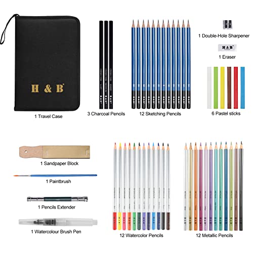 H & B 51-Piece Drawing Art Pencils, 51Pcs Drawing & Art Supplies Kit For Kids, Complete Artist Kit, Include Graphite Pencils, Metallic Color Pencils, Water-Soluble Pencils For Kids Adult Teens Artist #TOP1